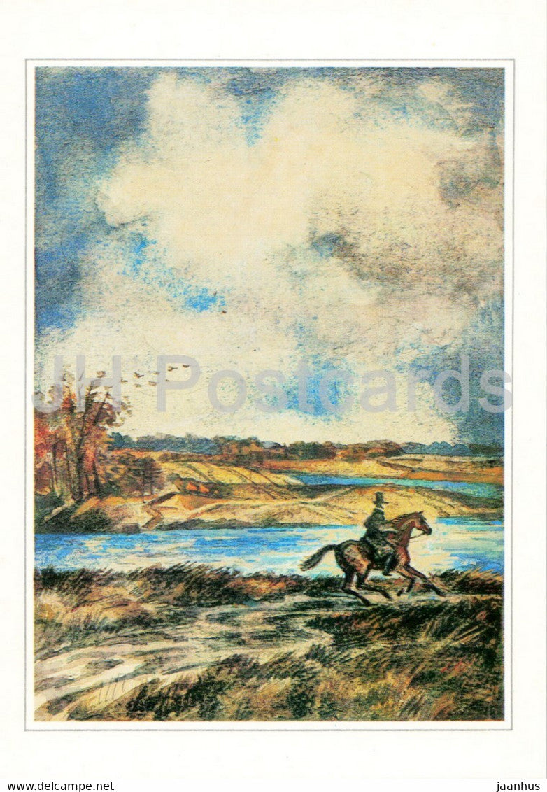 Russian writer Alexander Pushkin - 1826 in Mikhailovskoye at river Sorot - illustration - 1984 - Russia USSR - unused - JH Postcards