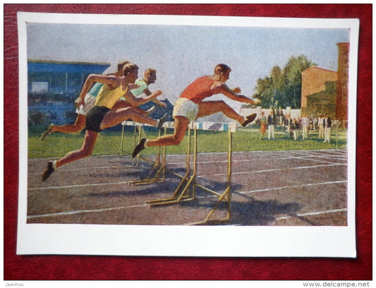 painting by Y. V. Titov - Hurdle race . 1960-1962 - sport - stadium - russian art - unused - JH Postcards