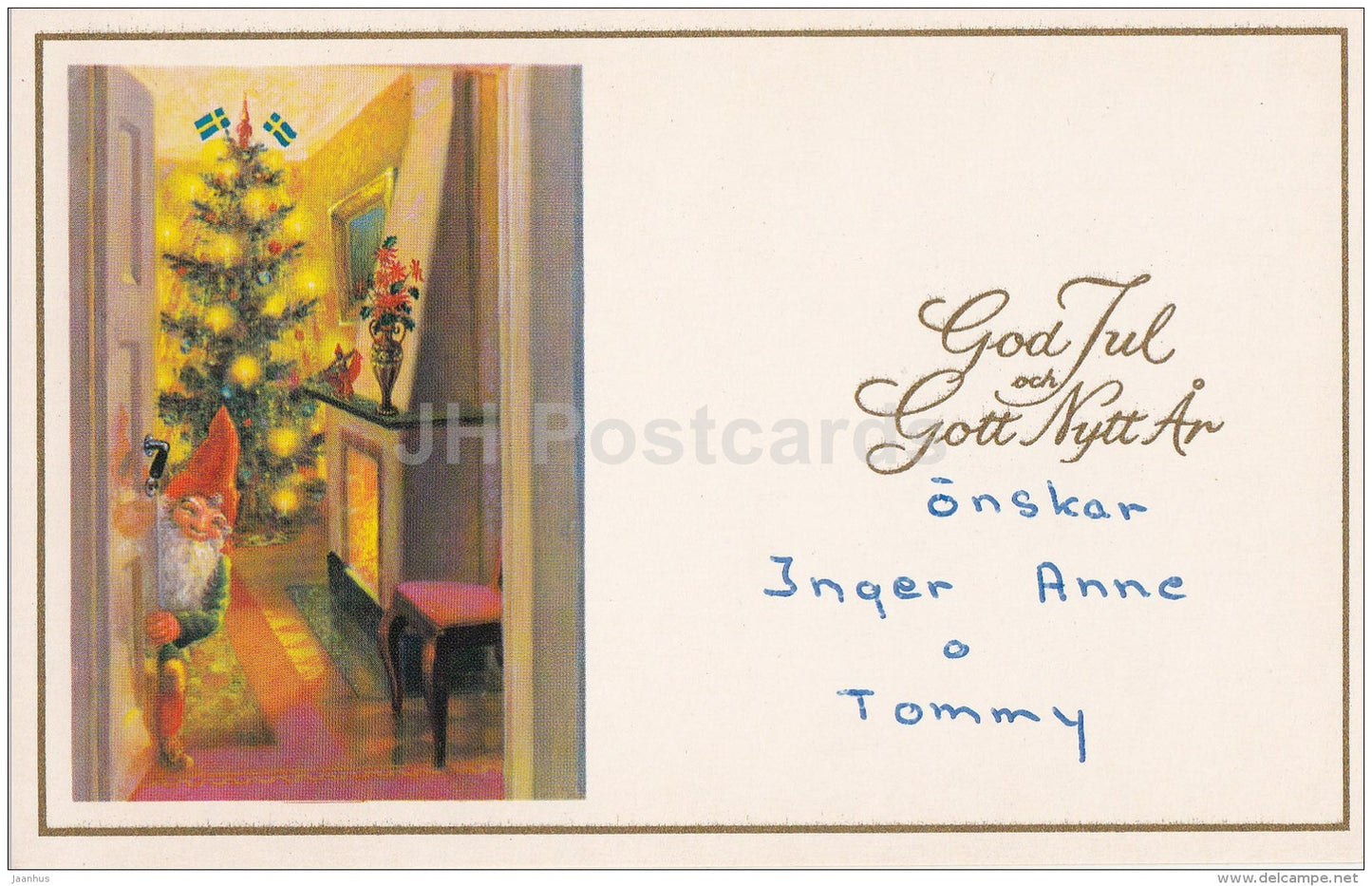 Christmas Greeting Card - christmas tree - gnomes - Sweden - used - JH Postcards