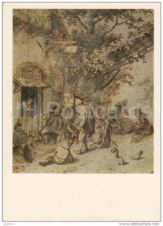painting by Adriaen van Ostade - Bagpiper in front of the door of a shop - Dutch art - Russia USSR - 1985 - unused - JH Postcards