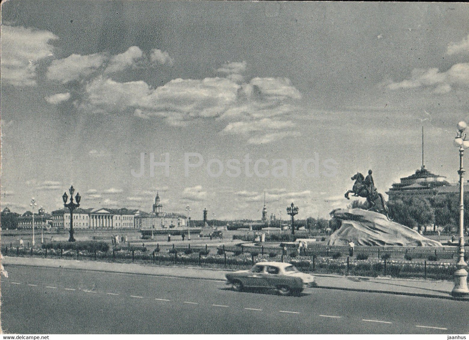 Leningrad - St Petersburg - Decembrists Square - monument to Peter I - car Volga - 1960 - Russia USSR - unused - JH Postcards