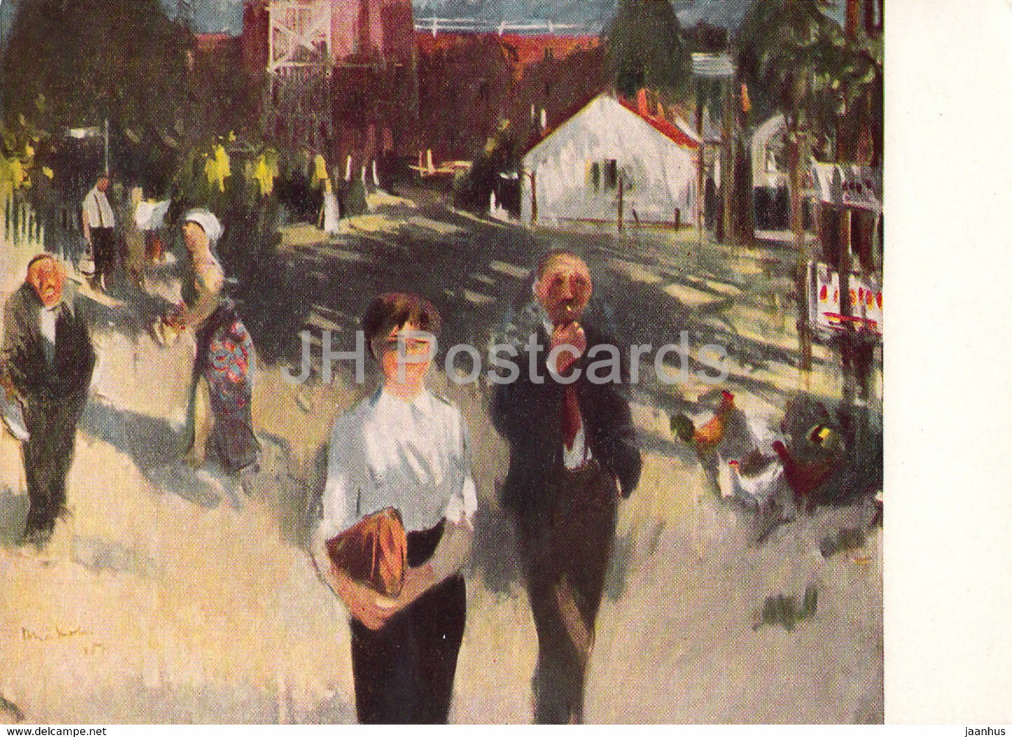 painting by L. Miskolci - Morning at Stalinvaros (Dunaujvaros) - 1 - Hungarian art - 1959 - Russia USSR - unused - JH Postcards