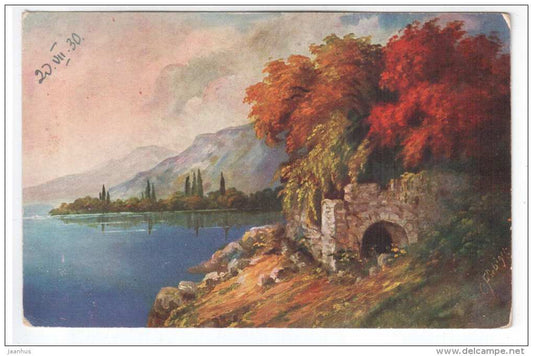 illustration by Fiebiger - ruins , sea - AMV 1365 - old postcard - circulated in Estonia 1930 - used - JH Postcards