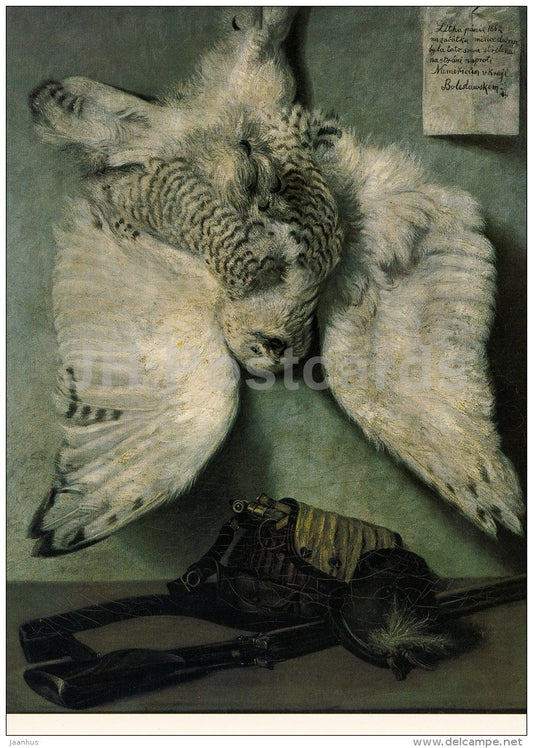 painting by Karel Purkyne - The Snow Owl , 1862 - hunting rifle - Czech art - large format card - Czech - unused - JH Postcards