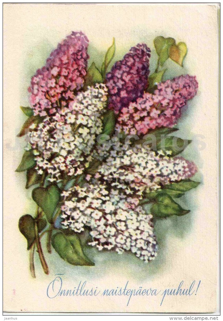 8 March International Women's Day greeting card - flowers - lilac - 1959 - Estonia USSR - used - JH Postcards