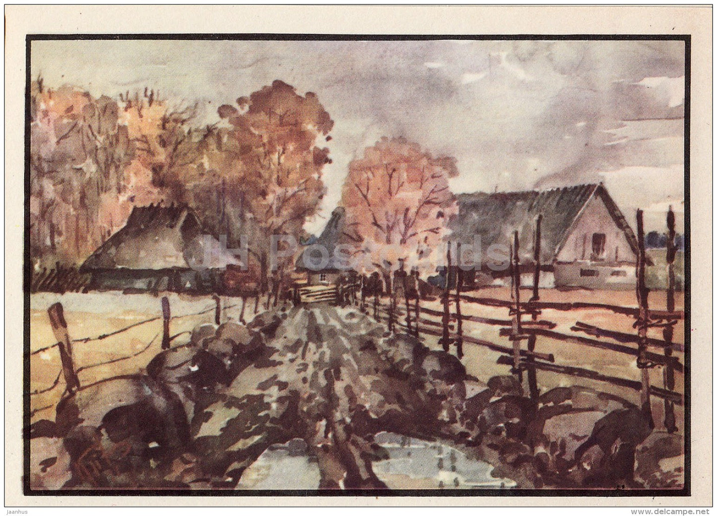 illustration by K. Tihase - Farm view - Jüri - Kangla - Estonian farm buildings - 1974 - Estonia USSR - unused - JH Postcards
