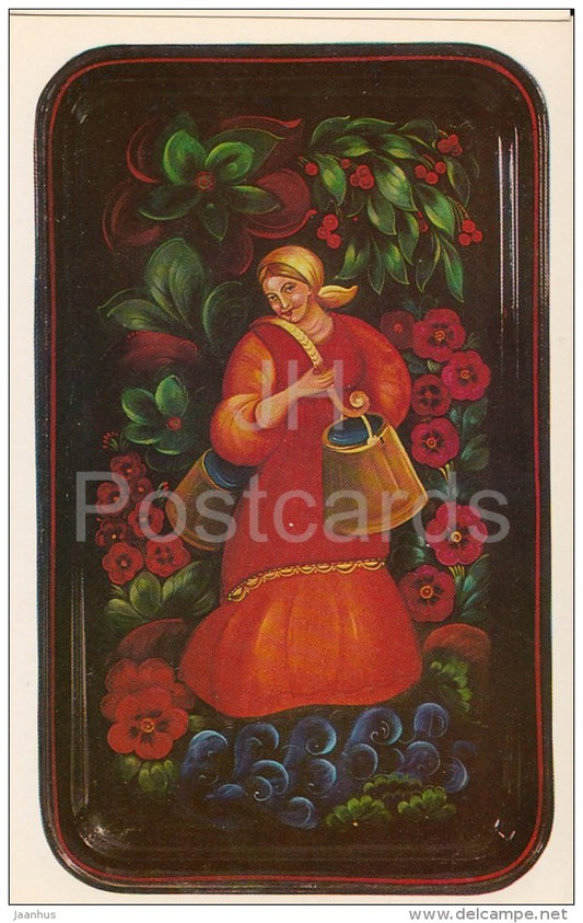 Tray by L. Grachova - Summer - woman - Russian Hand-Painted Trays - 1981 - Russia USSR - unused - JH Postcards