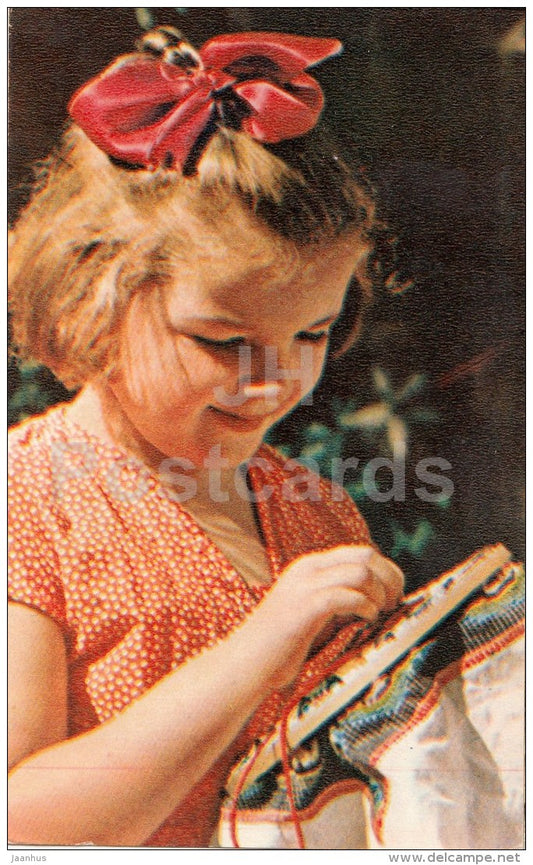embroidery - girl - dishes - children - 1969 - Russia USSR - unused - JH Postcards