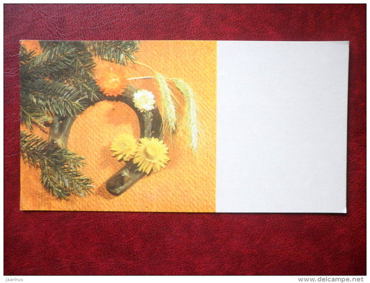 New Year Greeting card - horseshoe - flowers - 1975 - Estonia USSR - used - JH Postcards