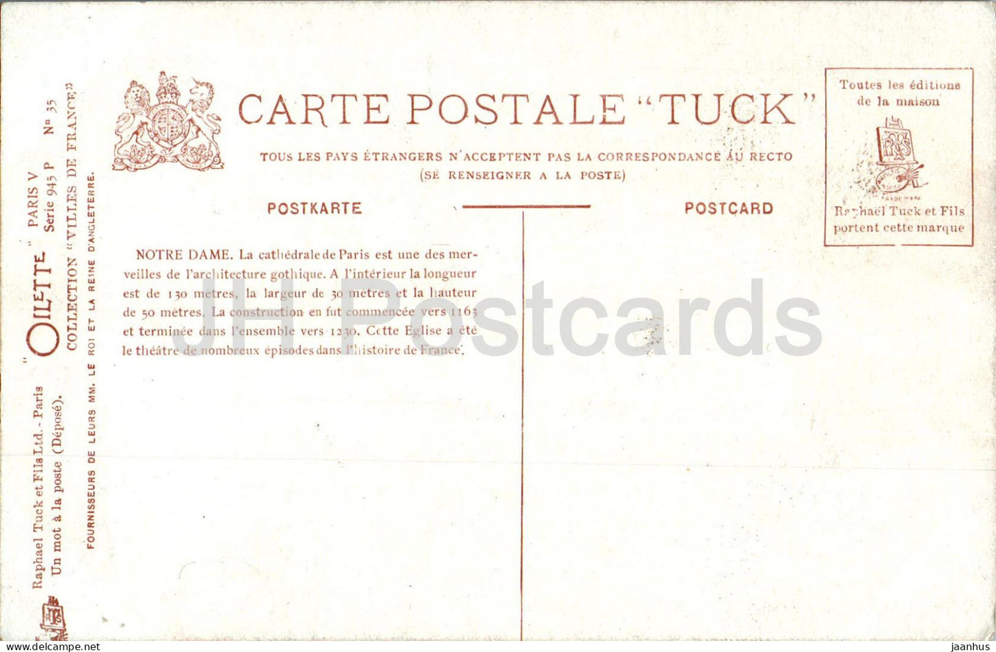 Paris - Notre Dame - Façade Sud - cathédrale - Oilette - illustration - 35 - carte postale ancienne - France - inutilisée 