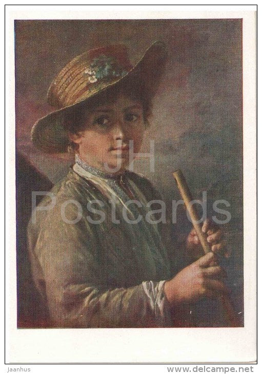 painting by V. Tropinin - Boy with Fife - musical instrument - russian art  - unused - JH Postcards