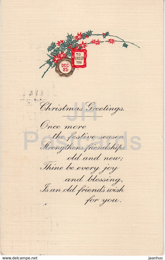 Christmas Greeting Card - Christmas Greetings - Dec 25 To Greet You - Gottschalk  - old postcard - 1914 - USA - used - JH Postcards
