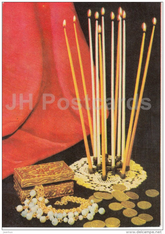 New Year Greeting card - 2 - candles - jewel box - coins - 1969 - Estonia USSR - unused - JH Postcards