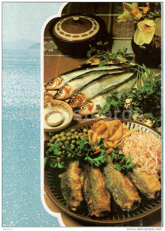 fried herring - pea - Fish Dishes  - cuisine - 1990 - Russia USSR - unused - JH Postcards