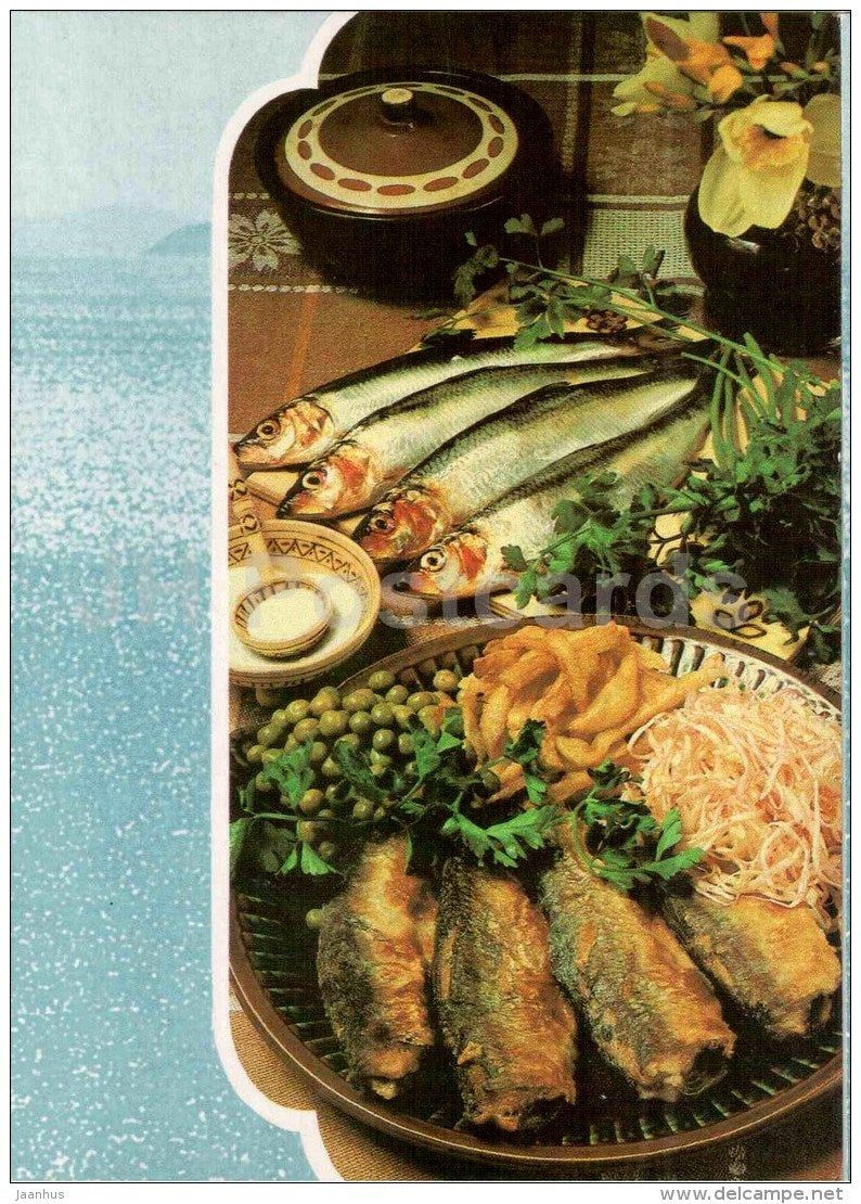 fried herring - pea - Fish Dishes  - cuisine - 1990 - Russia USSR - unused - JH Postcards