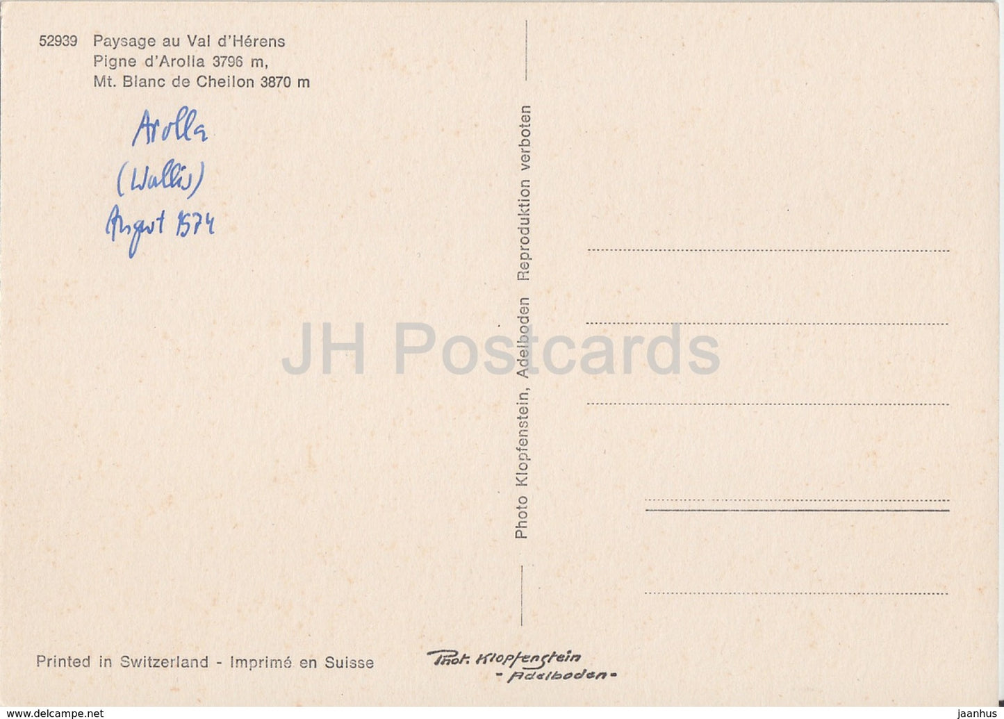 Paysage au Val d'Herens - Pigne d'Arolla 3796 m - Mt Blanc de Cheilon 3870 m - 52939 - 1974 - Switzerland - used