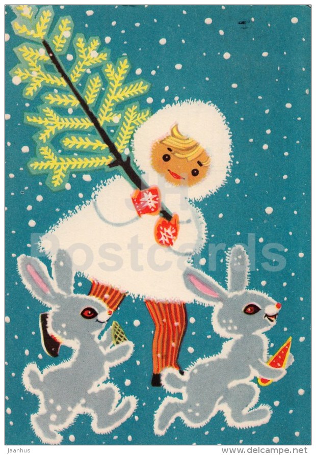 New Year Greeting card by M. Fuks - Girl - hare - carrot - tree - 1965 - Estonia USSR - used - JH Postcards
