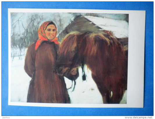 painting by V. A. Serov - In the village. Woman with a horse , 1898 - russian art - unused - JH Postcards