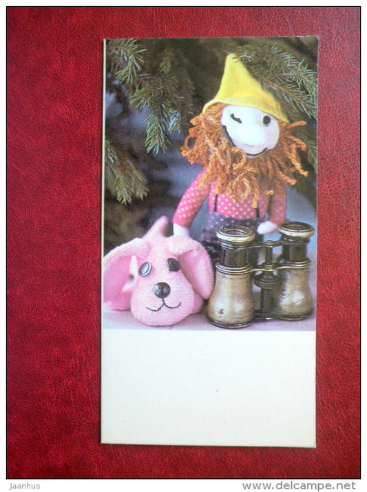 New Year Greeting card - dwarf - dog - binoculars - 1983 - Estonia USSR - unused - JH Postcards