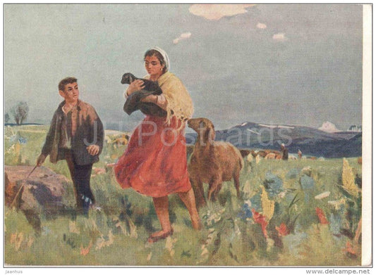 painting by A. Bekaryan - The Spring - sheep - lamb - shepherd - armenian art - unused - JH Postcards