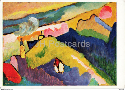 painting by Wassily Kandinsky - Berglandschaft mit Kirche - Russian art - old postcard - 1961 - Germany - used - JH Postcards