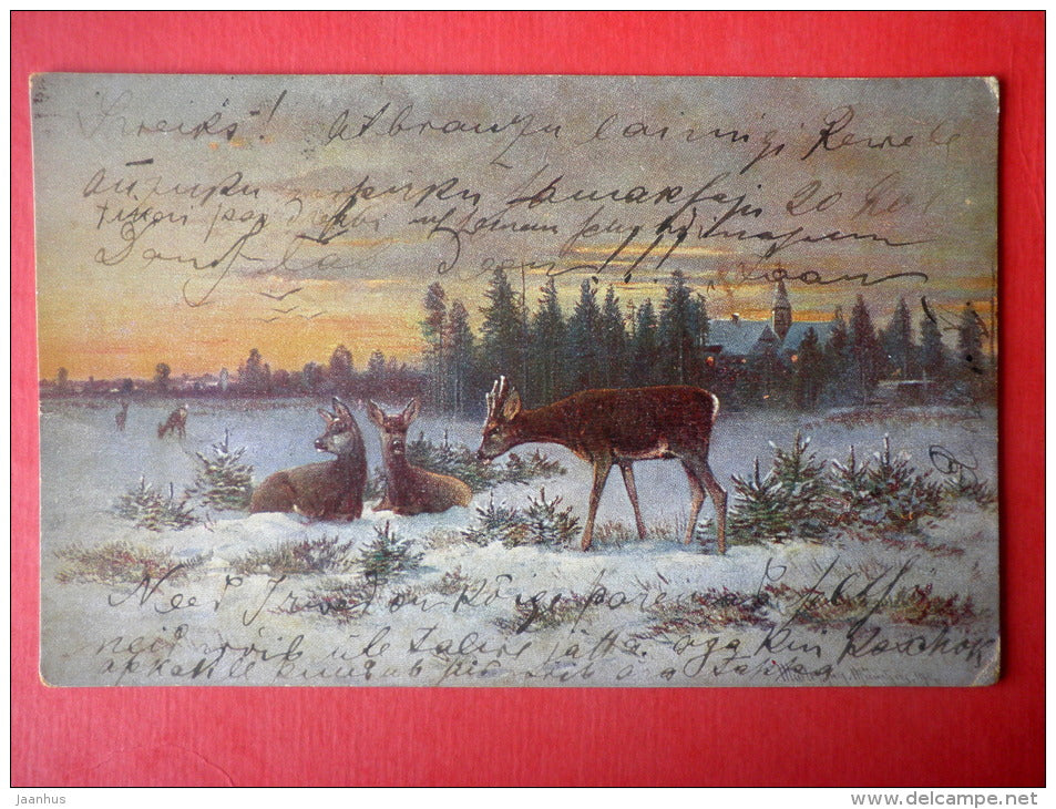 illustration - deer - winter - church - sent from Estonia Wesenberg to Latvia Riga Imperial Russia 1903 - JH Postcards