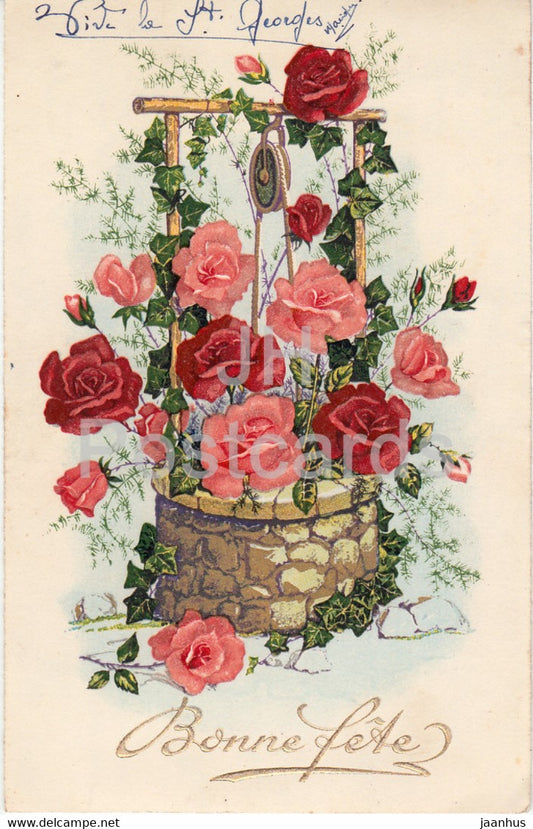Birthday Greeting Card - Bonne Fete - flowers - roses - illustration - old postcard - 1948 - France - used - JH Postcards