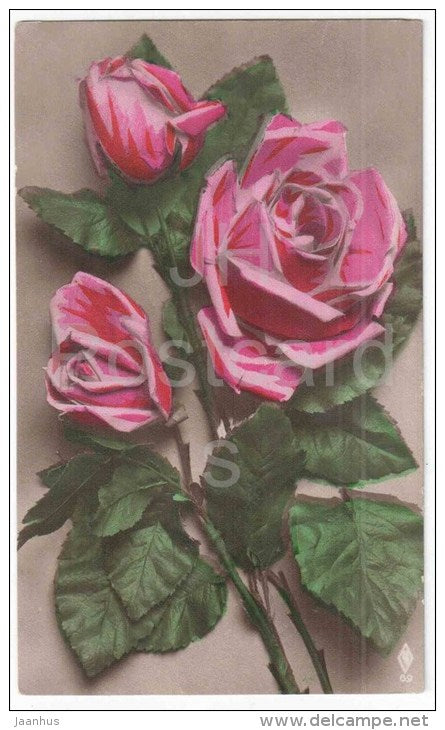 Greeting Card - Red Roses - flowers - 69 - old postcard - circulated in Estonia Suure-Jaani 1927 - JH Postcards