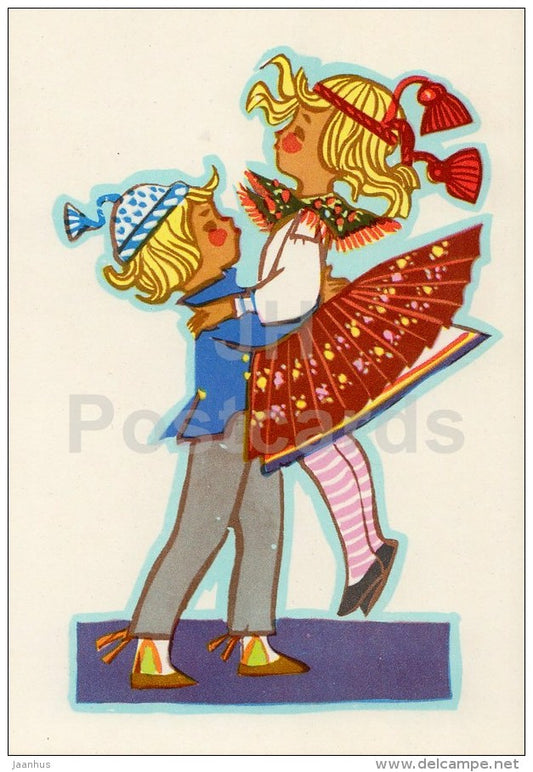 illustration by M. Fuks - boy and girl dancing - Estonian Folk Costumes - 1969 - Estonia USSR - unused - JH Postcards