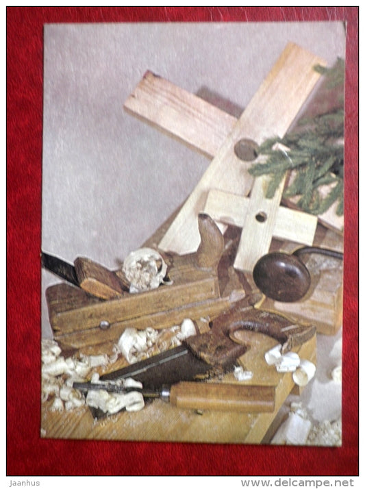 New Year Greeting card - planer - saw - chisel - Christmas tree stand - 1989 - Estonia USSR - used - JH Postcards