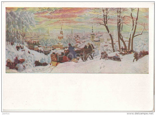 painting by B. Kustodiev - Carnival , 1916 - shrovetide - town view - horse sledge - russian art - unused - JH Postcards