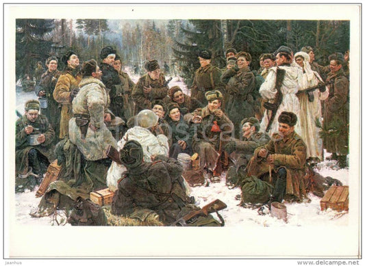 painting by Y. Neprintsev - Rest after Battle , 1955 - russian soldiers - soviet art - russian art - unused - JH Postcards