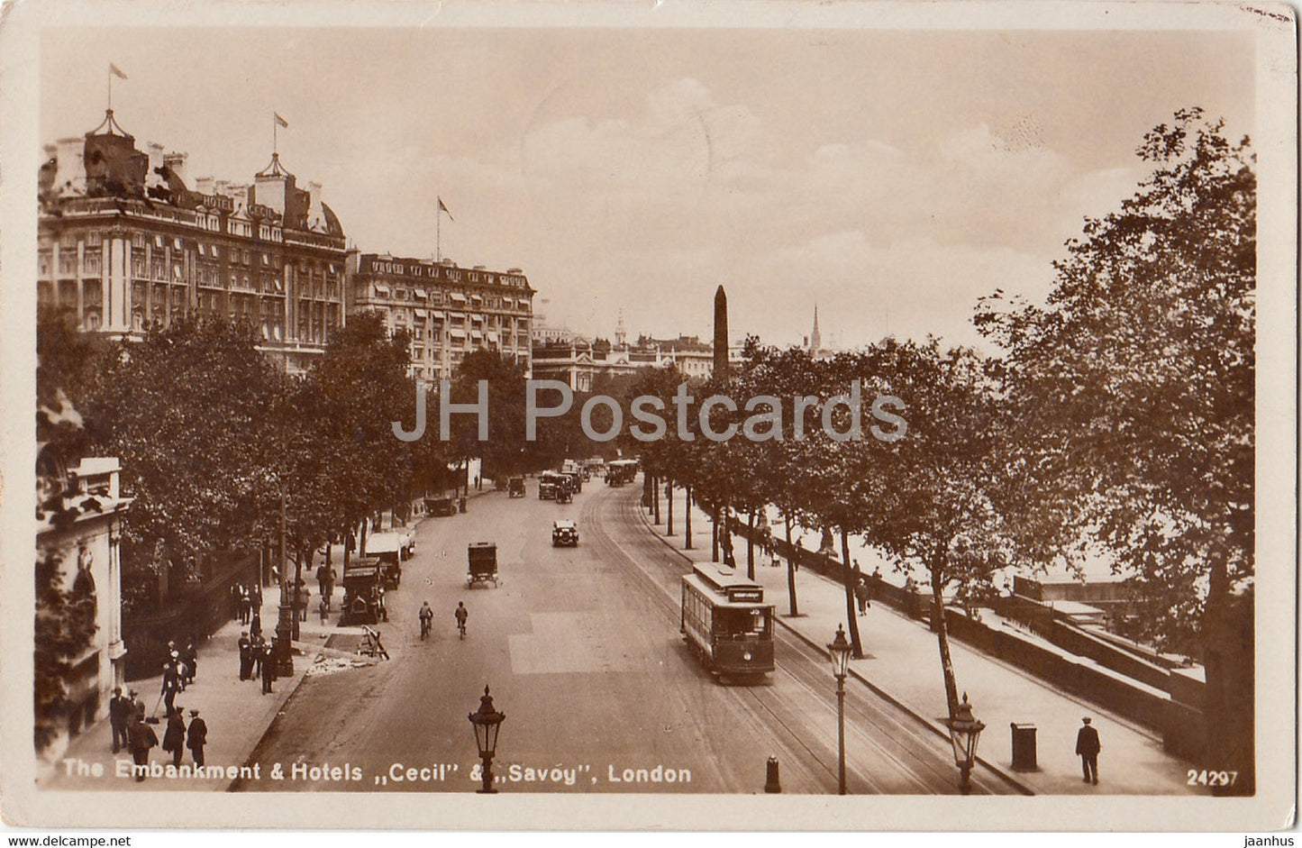 London - The Embankment & Hotels Cecil & Savoy - tram - 24297 - old postcard - 1929 - England - United Kingdom - used - JH Postcards