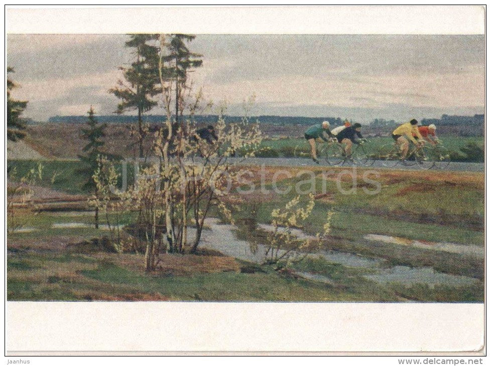 painting by V. Basov - On the roads near Moscow - bicycle - russian art - unused - JH Postcards