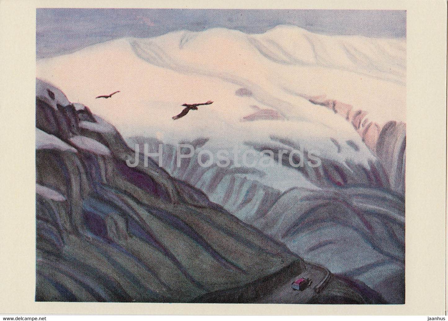 across Kyrgyzstan by V. Rogachev - Blue Mountains - illustration - 1979 - Russia USSR - unused - JH Postcards