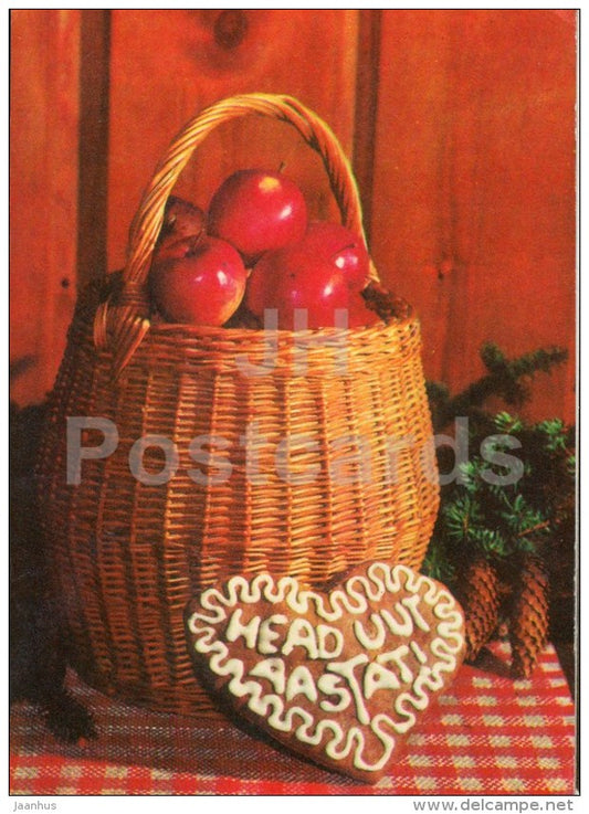 New Year greeting card - 2 - basket with apples - gingerbread - fir cones - 1976 - Estonia USSR - used - JH Postcards
