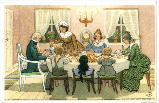 illustration by Elsa Beskow-Kort - Tant Brun, Tant Grön Tant Gredelin - dinner - Sweden - unused - JH Postcards
