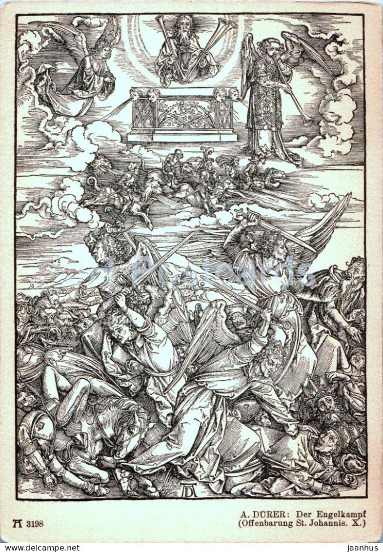 Engraving by Albrecht DÃ¼rer - Der Engelkampf - 3198 - German art - old postcard - Germany - unused - JH Postcards