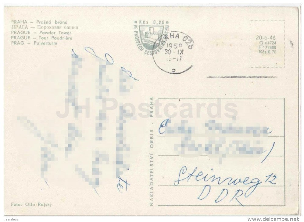 Praha - Prague - Powder Tower - Prasna Brana - tram - Czechoslovakia - Czech - used 1959 - JH Postcards