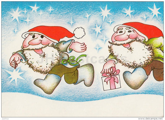 New Year Greeting card by Ü. Meister - 1 - dwarf - bell - gift - 1988 - Estonia USSR - used - JH Postcards