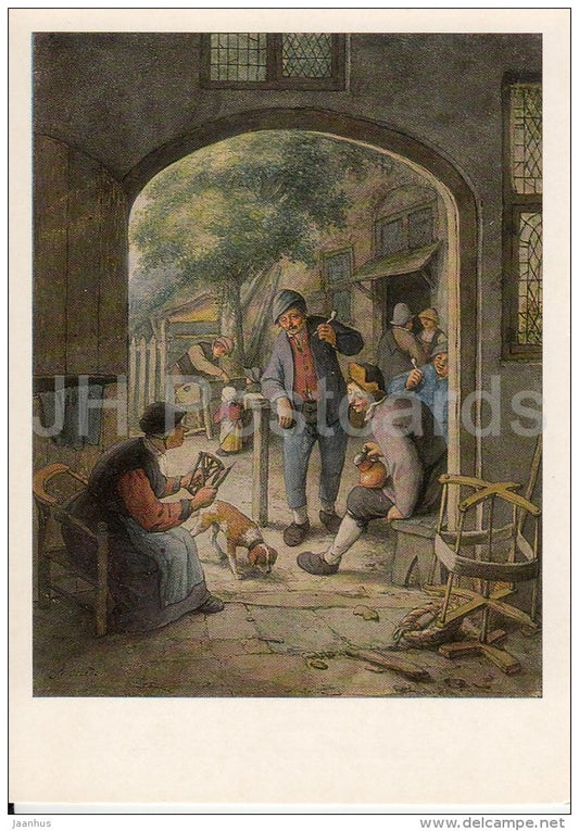 painting by Adriaen van Ostade - A group of peasants at the door of the farm - Dutch art - Russia USSR - 1985 - unused - JH Postcards