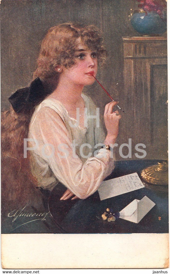 young woman writing a letter - illustration by A. Simeone - 210 - old postcard - 1920 - Italy - used - JH Postcards