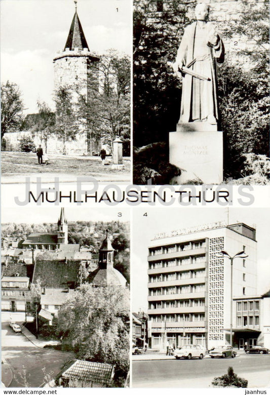 Muhlhausen - Thur - Rabenturm - Thomas Muntzer Denkmal - Inneres Frauentor - car - Germany DDR - used - JH Postcards