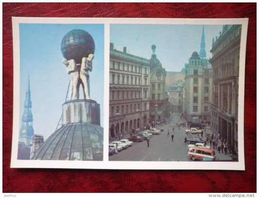 hotel Riga - square -Atlantes with the Globe on their backs - Riga - 1980 - Latvia USSR - unused - JH Postcards