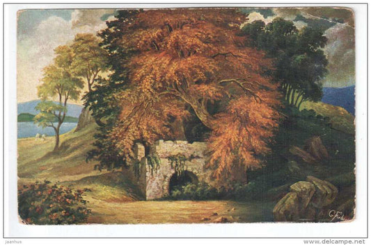 illustration by Fiebiger - ruins , sea - Amag 285 - old postcard - circulated in Estonia 1927 - used - JH Postcards