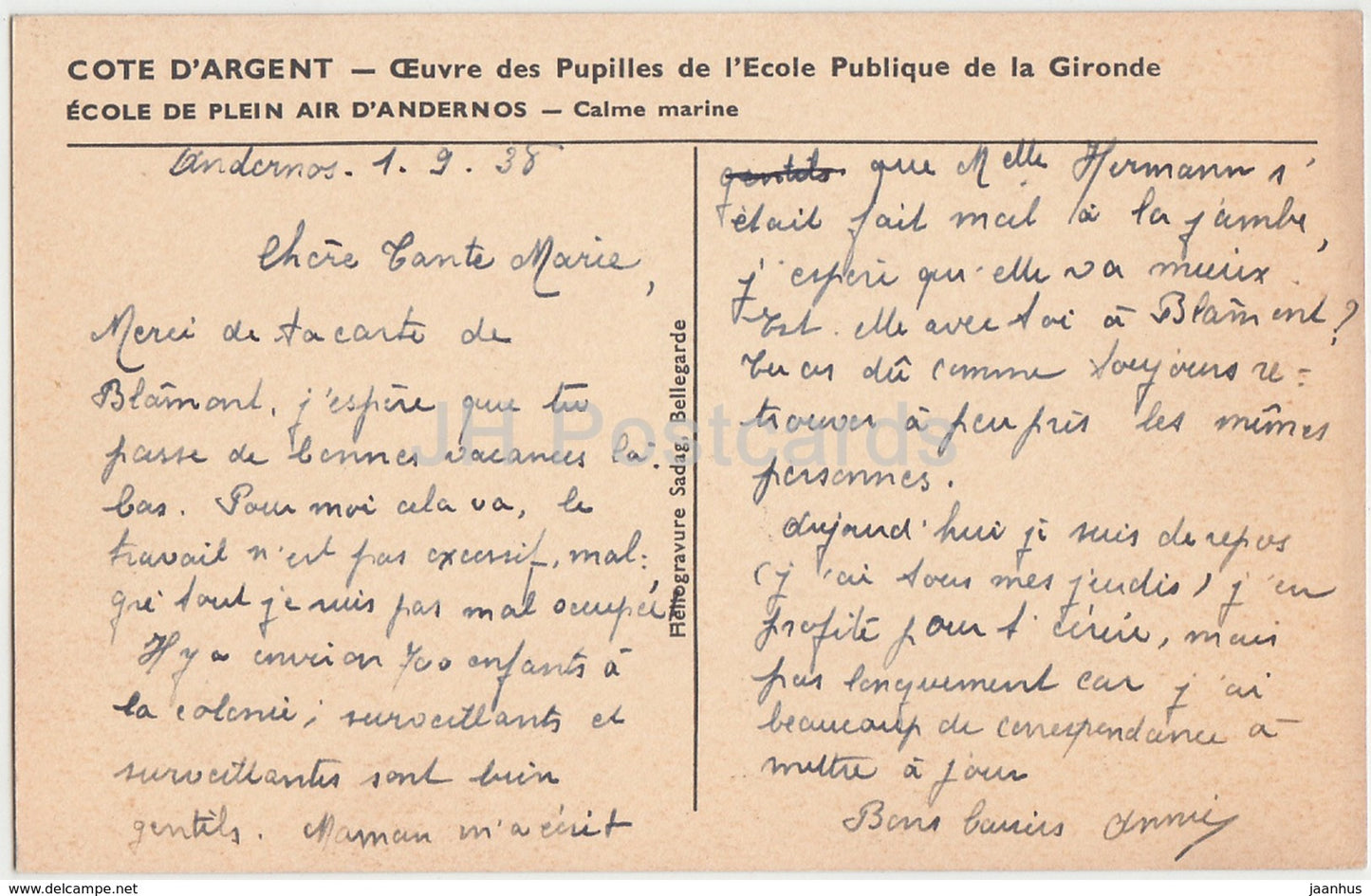 Cote d'Argent - Ecole de Plein air d'Andernos - Calme Marine - 1938 - old postcard - France - used