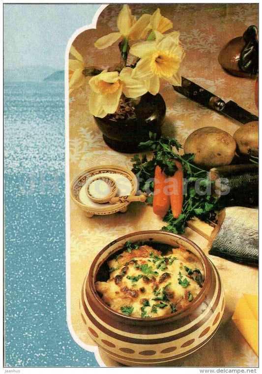 roast a la Zelenograd - potatoe - carrot - narcissus - Fish Dishes  - cuisine - 1990 - Russia USSR - unused - JH Postcards