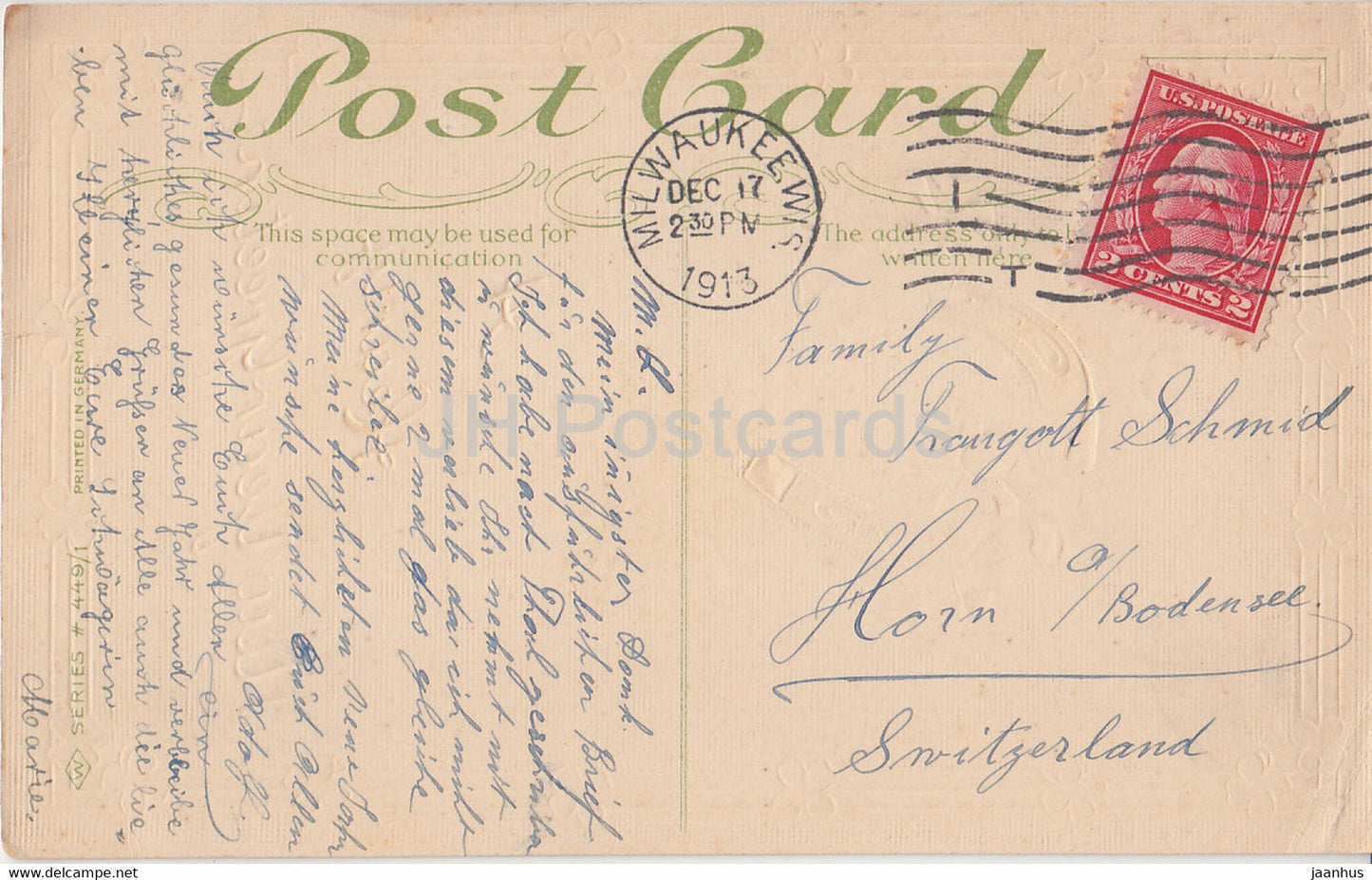 Neujahrsgrußkarte – Ein herzlicher Neujahrsgruß – Marienkäfer – Serie 449/1 – alte Postkarte – 1913 – USA – gebraucht