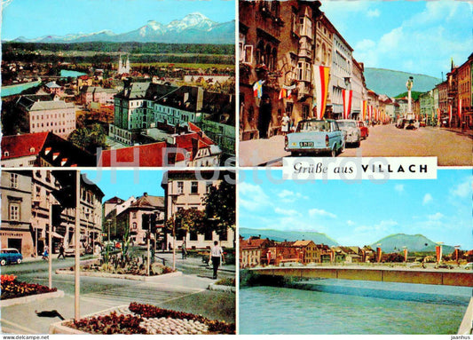 Grusse aus Villach - panorama - Hauptplatz - Nikolaiplatz - Neue Stadtbrucke - car - multiview - 158 - Austria - used - JH Postcards