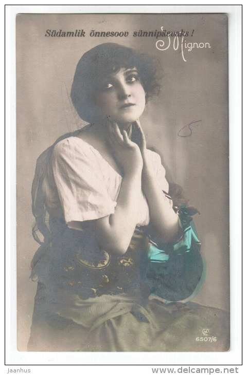 birthday greeting card - lady - GL Co 6507/6 , Mignon - old postcard - circulated in Estonia 1927 - used - JH Postcards